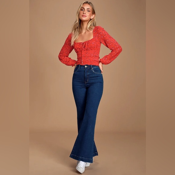 Free People Lolita Red Floral Print Ruffled Top - Size Large - Picture 2 of 14